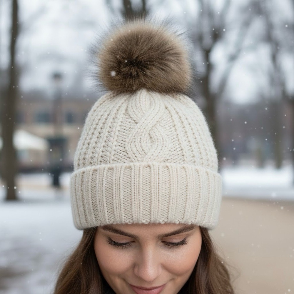 Aerie Cream Cable Knit Faux Fur Pom Beanie Hat Ivory Winter One Size Cozy Fall